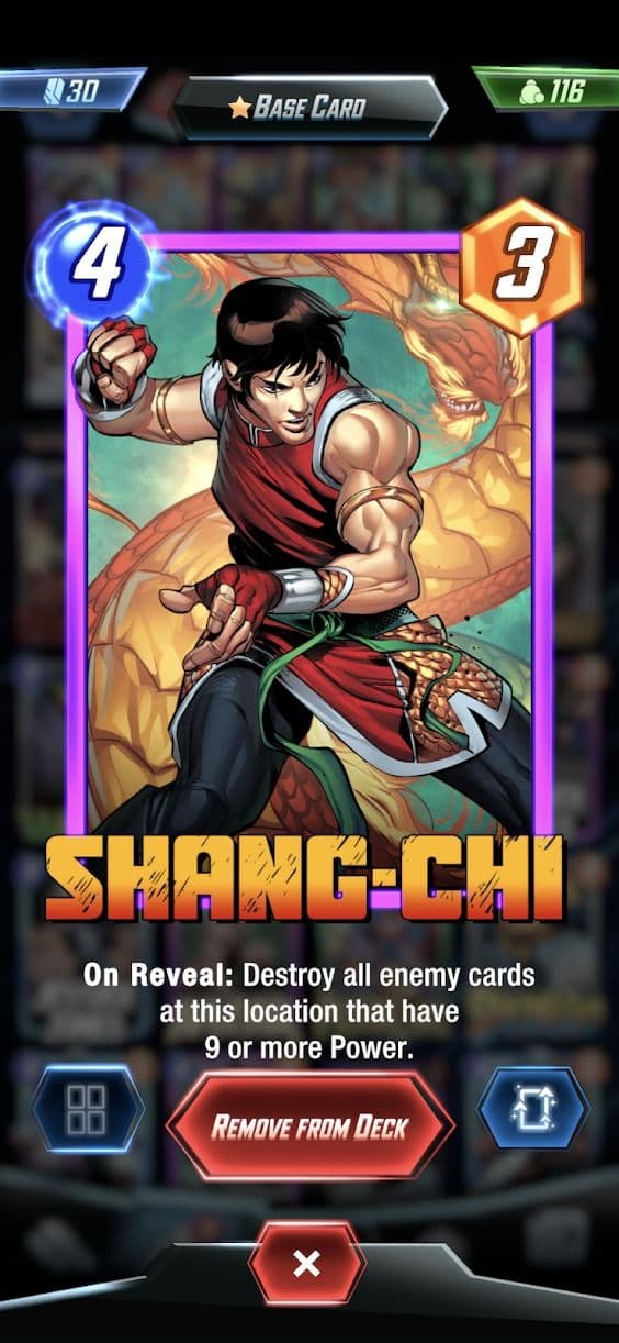 στιγμιότυπο οθόνης marvel snap που δείχνει την κάρτα shang-chi