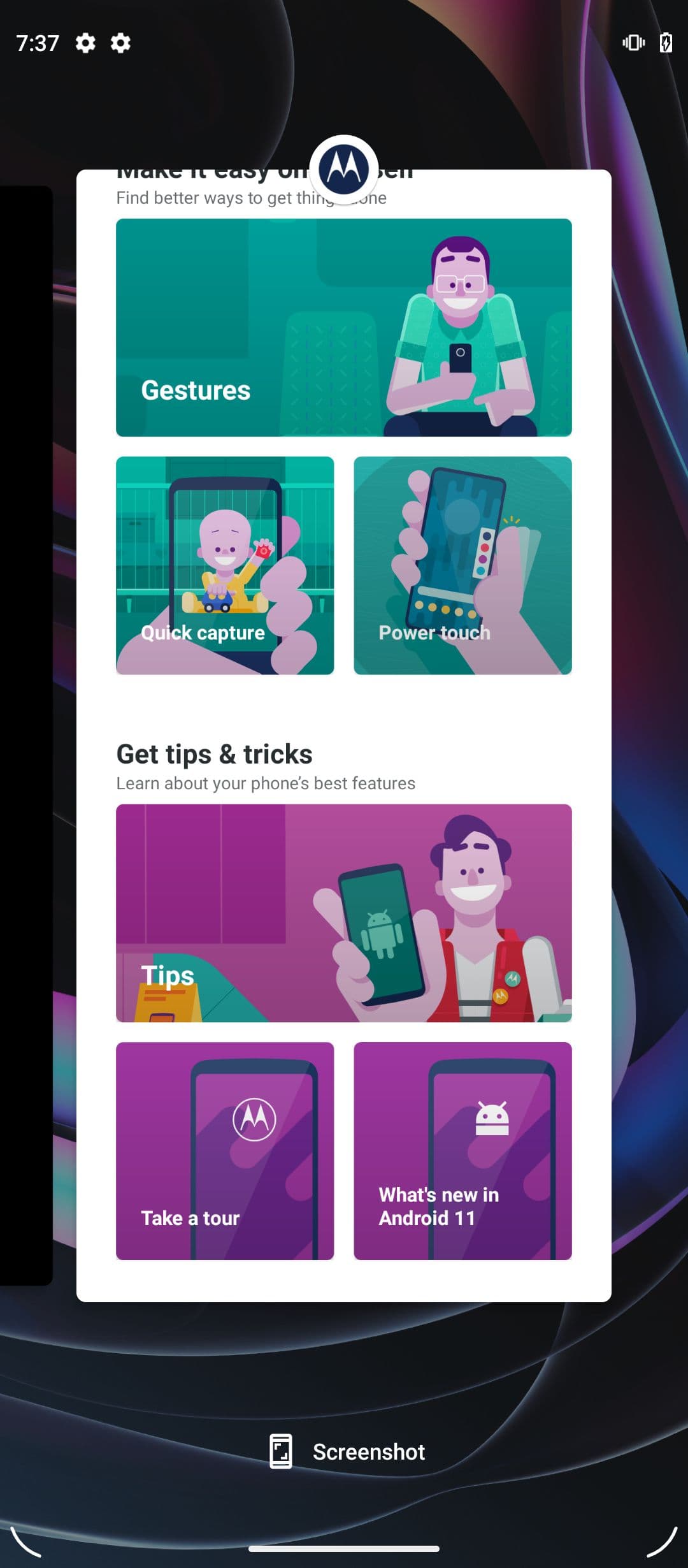 Η οθόνη επισκόπησης της εφαρμογής με το κουμπί στιγμιότυπου οθόνης σε ένα τηλέφωνο Motorola