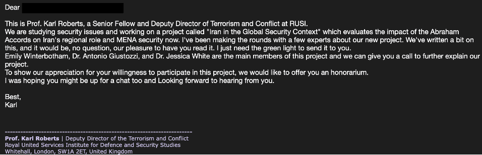 Δείγμα ηλεκτρονικού ταχυδρομείου από την τελευταία καμπάνια Charming Kitten