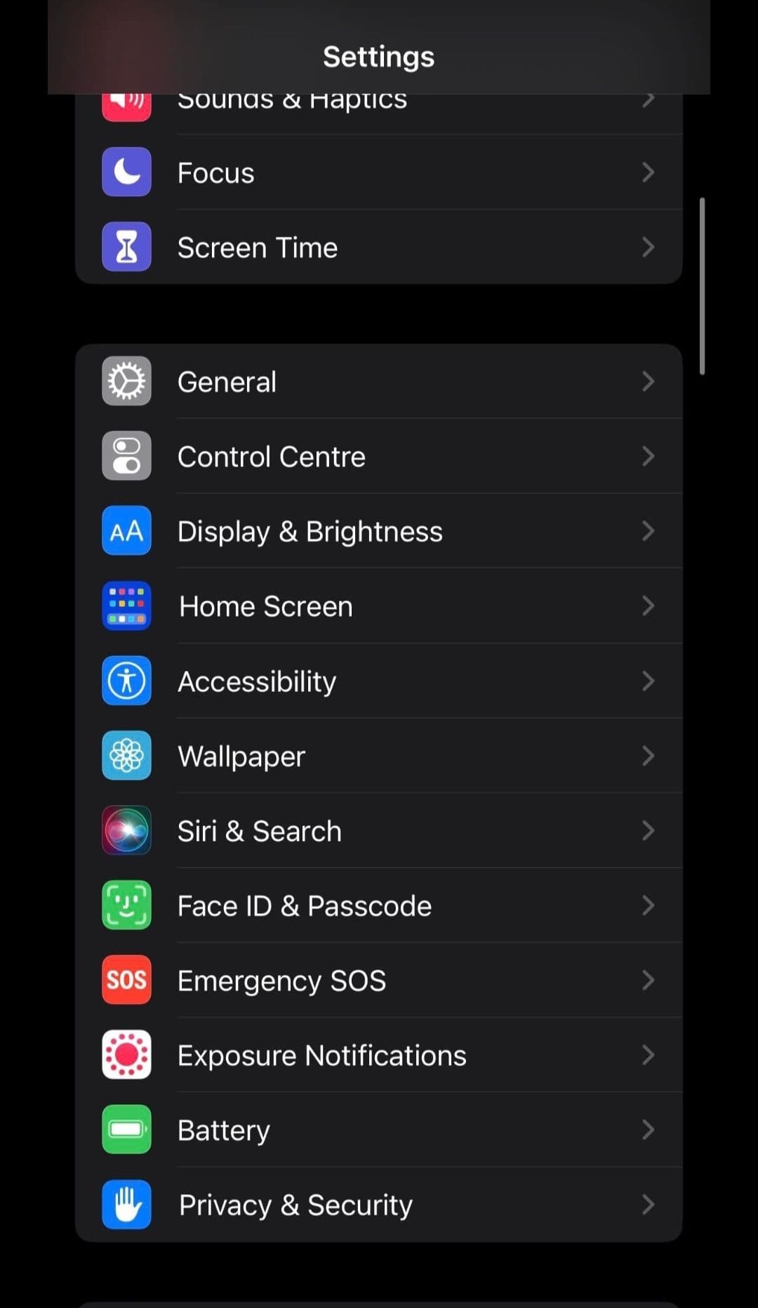 Στιγμιότυπο οθόνης των ρυθμίσεων του iphone