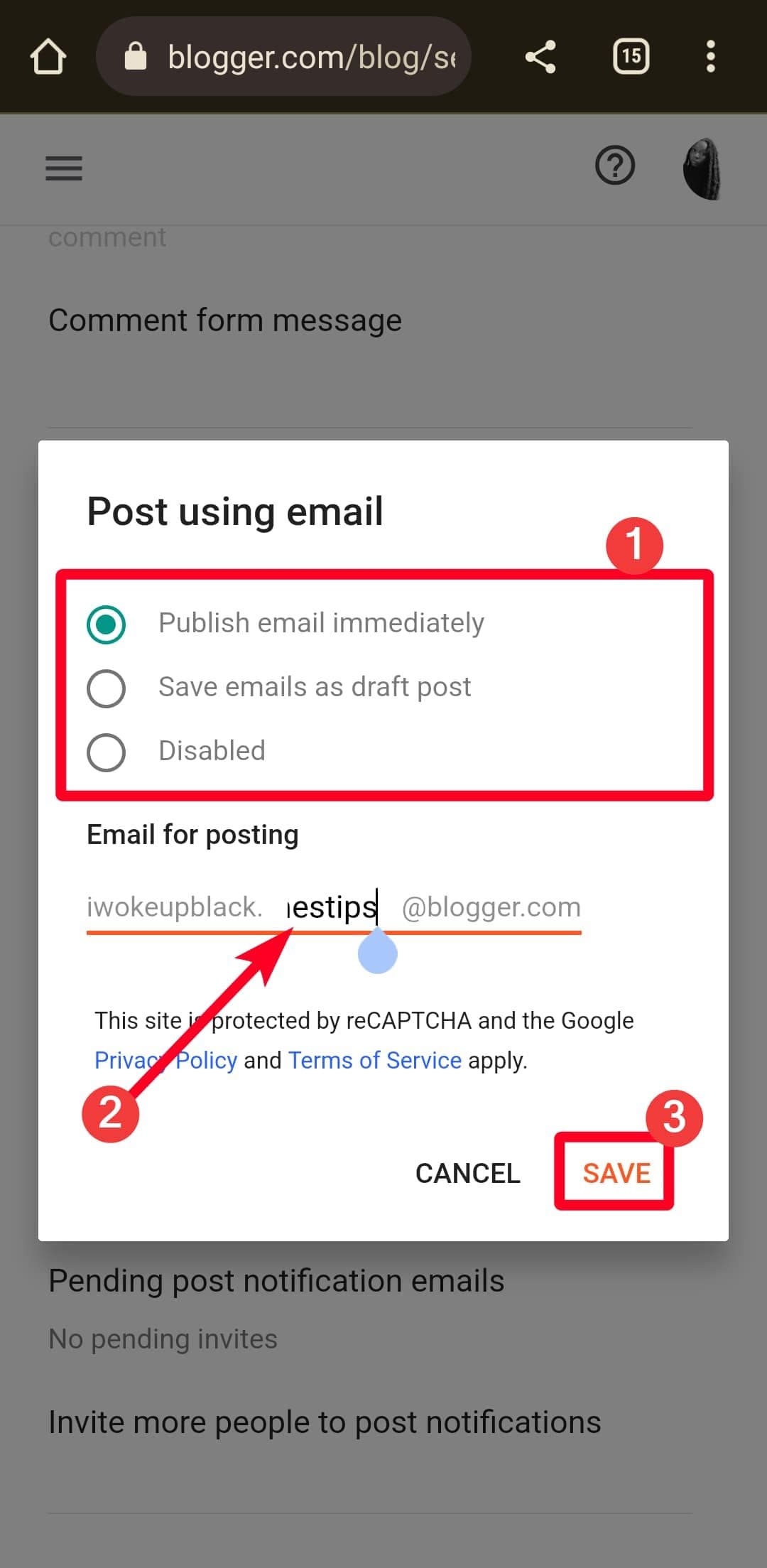 Post using email settings on Blogger