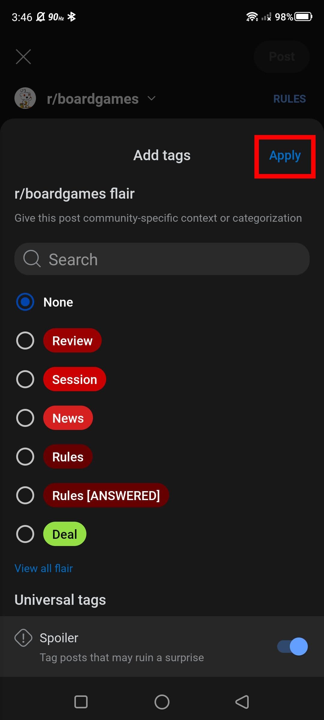 Κόκκινο ορθογώνιο περίγραμμα πάνω από το κουμπί Εφαρμογή στην εφαρμογή Reddit για κινητά