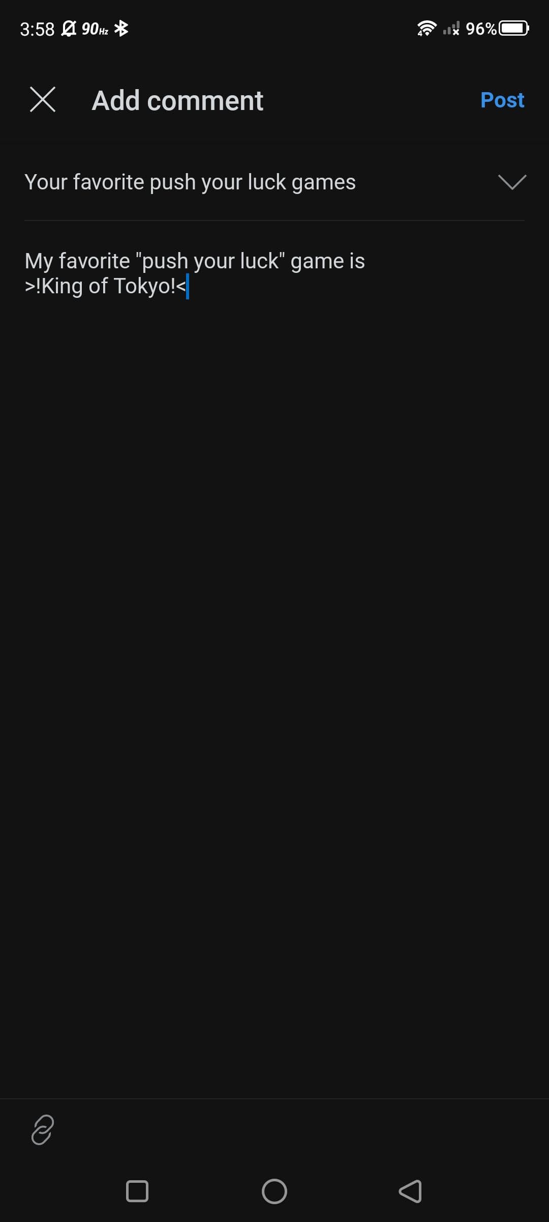 Παράδειγμα χρήσης γλώσσας σήμανσης spoiler σε ένα σχόλιο Reddit χρησιμοποιώντας την εφαρμογή Reddit για κινητά