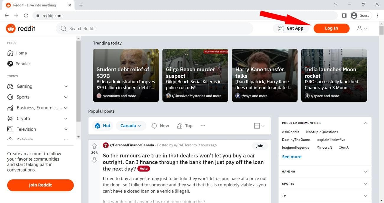 Κόκκινο συμπαγές βέλος που δείχνει το κουμπί σύνδεσης στην αρχική σελίδα του Reddit (Google Chrome)