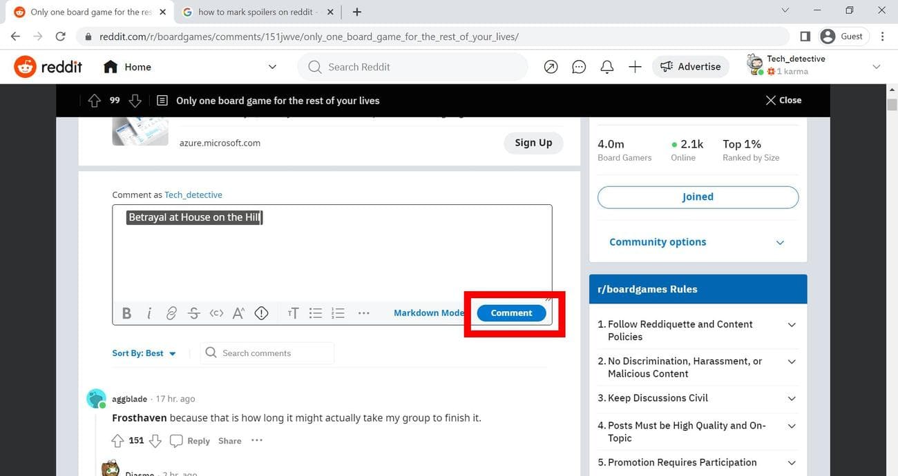 Κόκκινο ορθογώνιο περίγραμμα πάνω από το κουμπί Σχόλιο στο Reddit