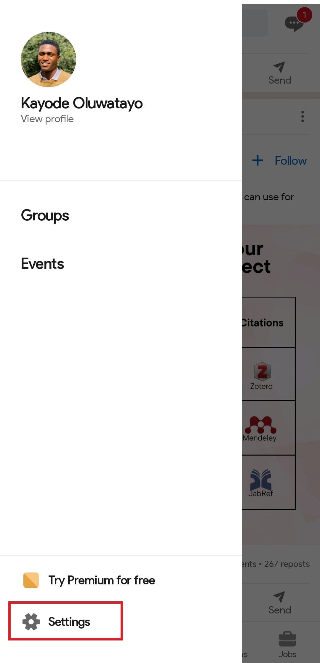 Ένα στιγμιότυπο οθόνης των ρυθμίσεων λογαριασμού LinkedIn στην εφαρμογή για κινητά