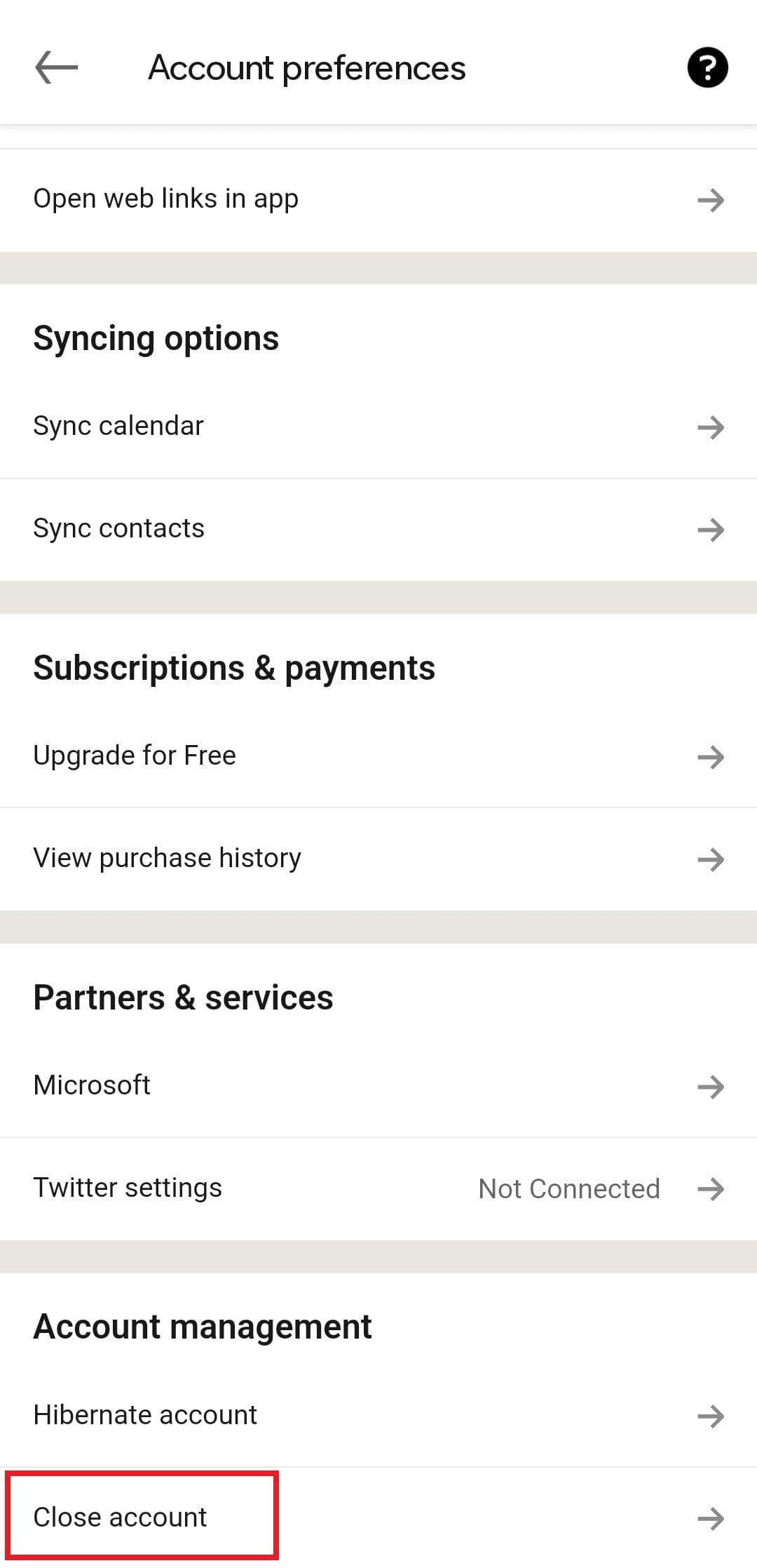 Ένα στιγμιότυπο οθόνης που επισημαίνει το κουμπί Κλείσιμο λογαριασμού στην εφαρμογή LinkedIn για κινητά