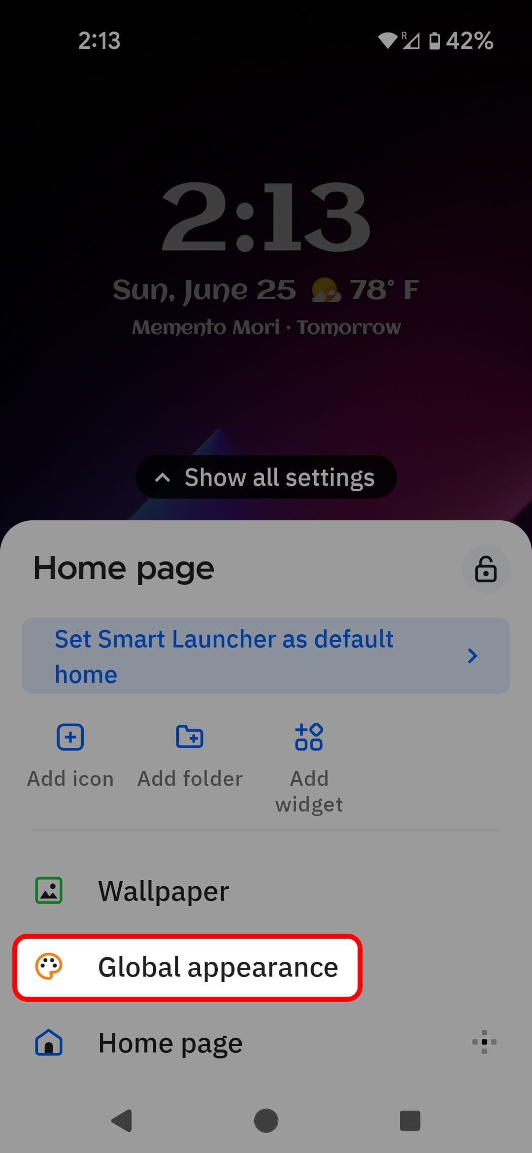 Το μενού Ρυθμίσεις Smart Launcher 6 επισημαίνει την επιλογή Καθολική εμφάνιση