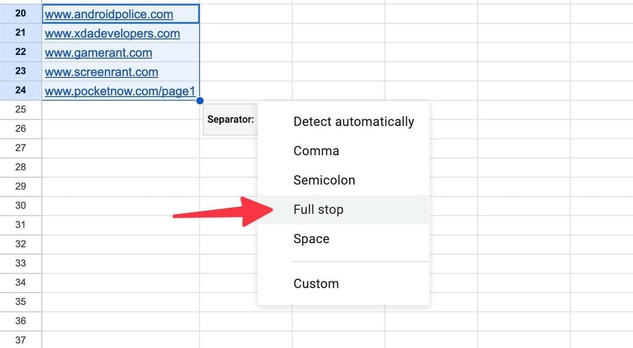 διαίρεση κειμένου με τελεία στα Φύλλα Google