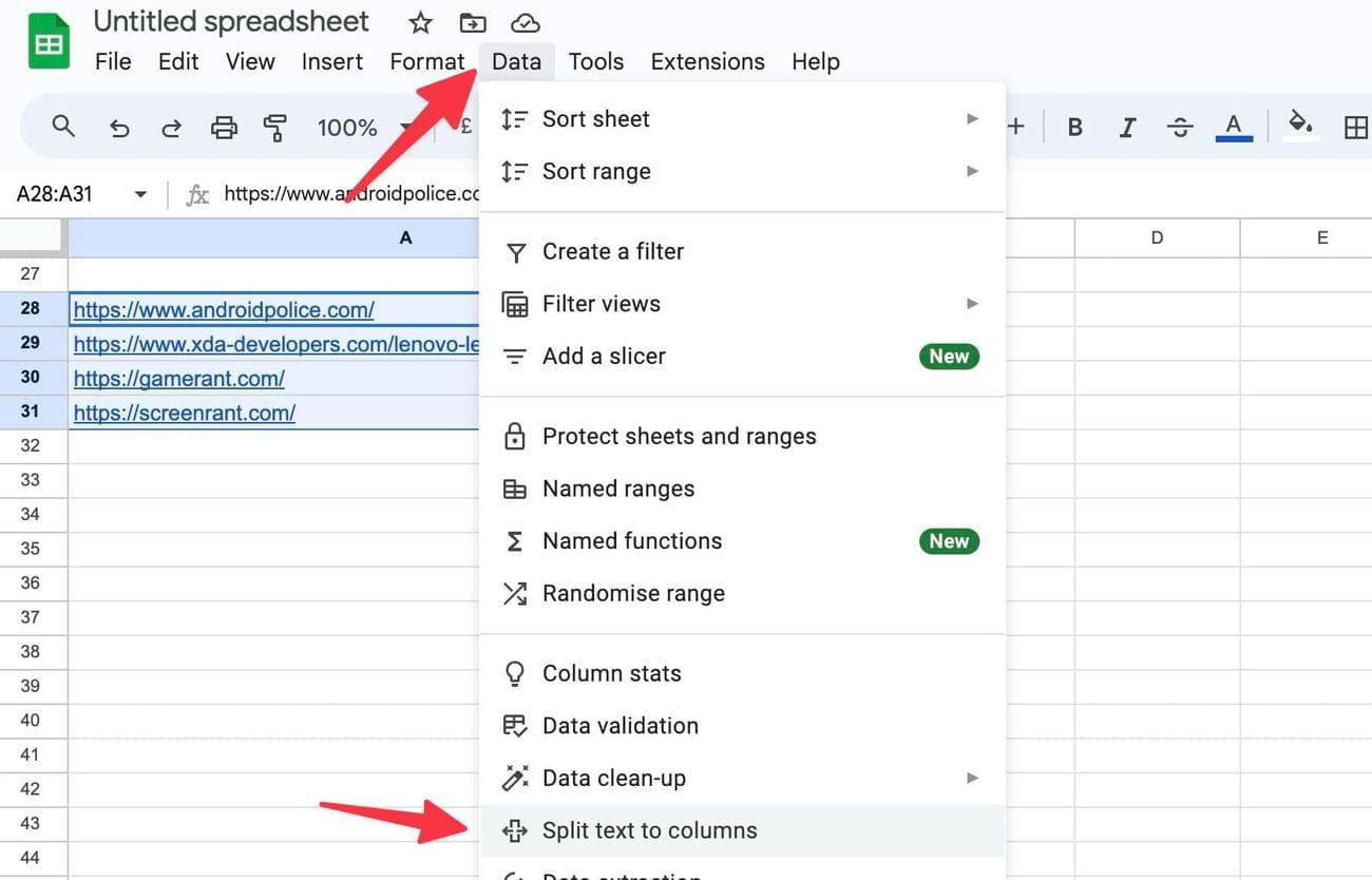 διαίρεση κειμένου σε στήλες στα Φύλλα Google