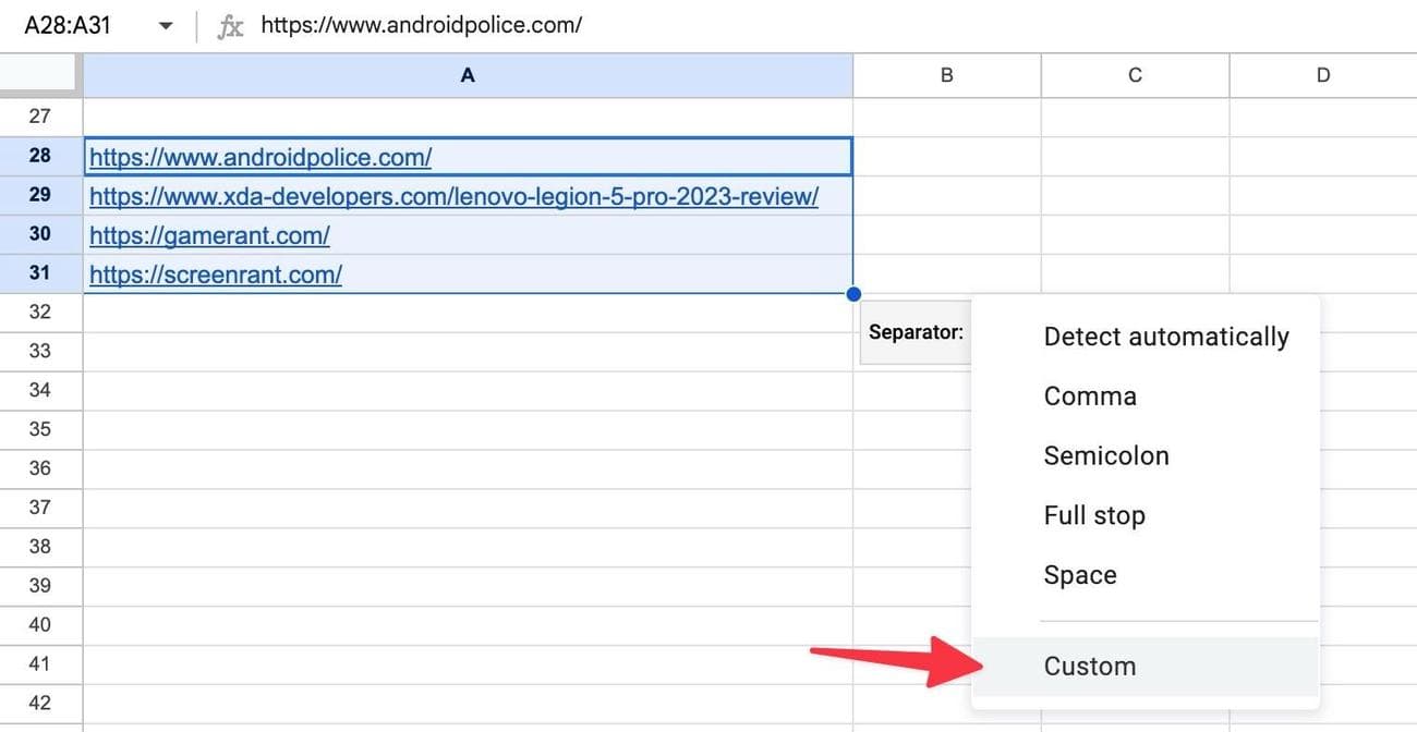 επιλέξτε προσαρμοσμένο για διαχωρισμό κειμένου στα Φύλλα Google