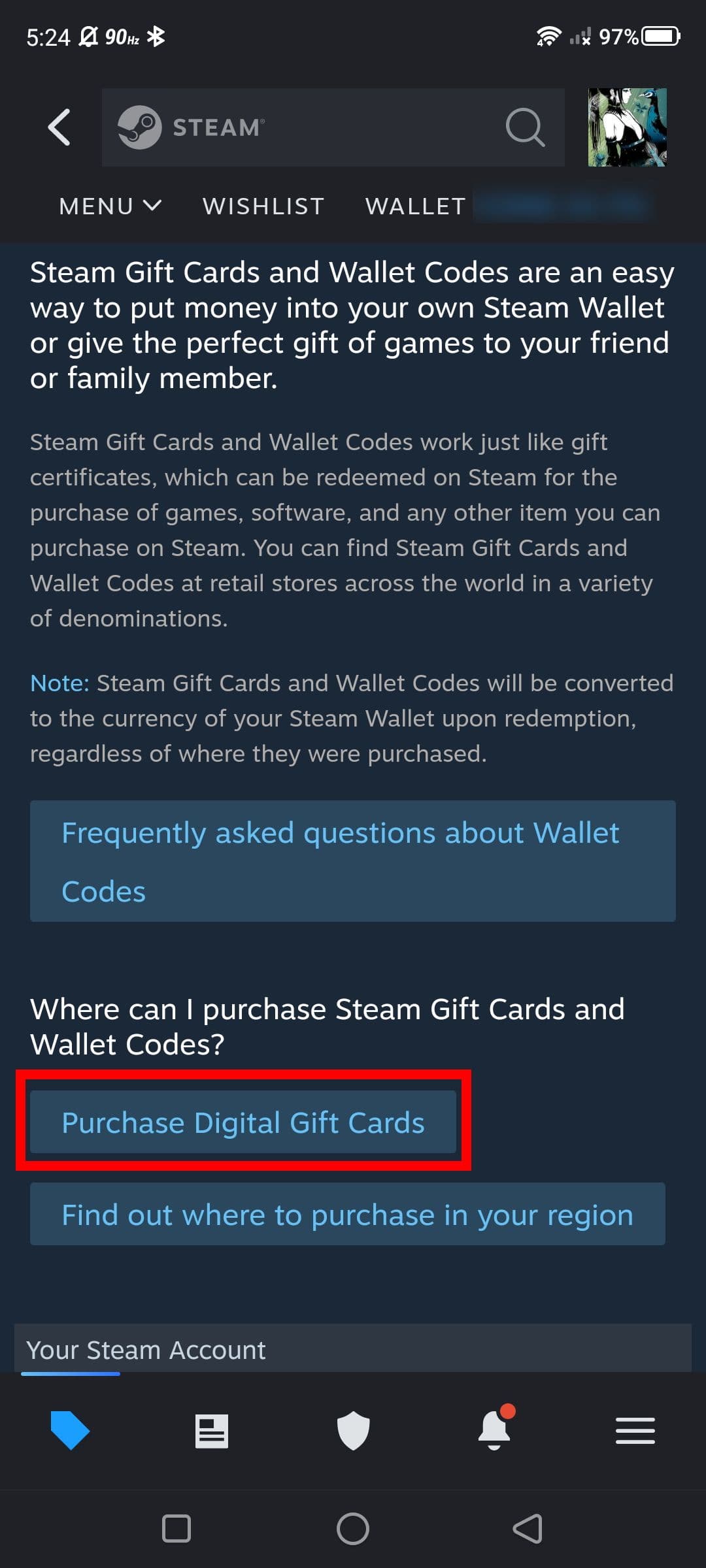 Στιγμιότυπο οθόνης από πού μπορείτε να αγοράσετε δωροκάρτες Steam ενώ βρίσκεστε στην εφαρμογή