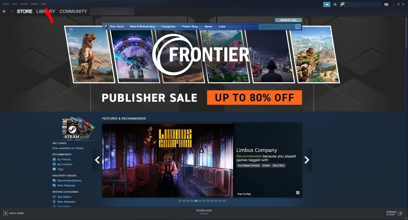 Στιγμιότυπο οθόνης της αρχικής σελίδας του Steam στην εφαρμογή για υπολογιστές