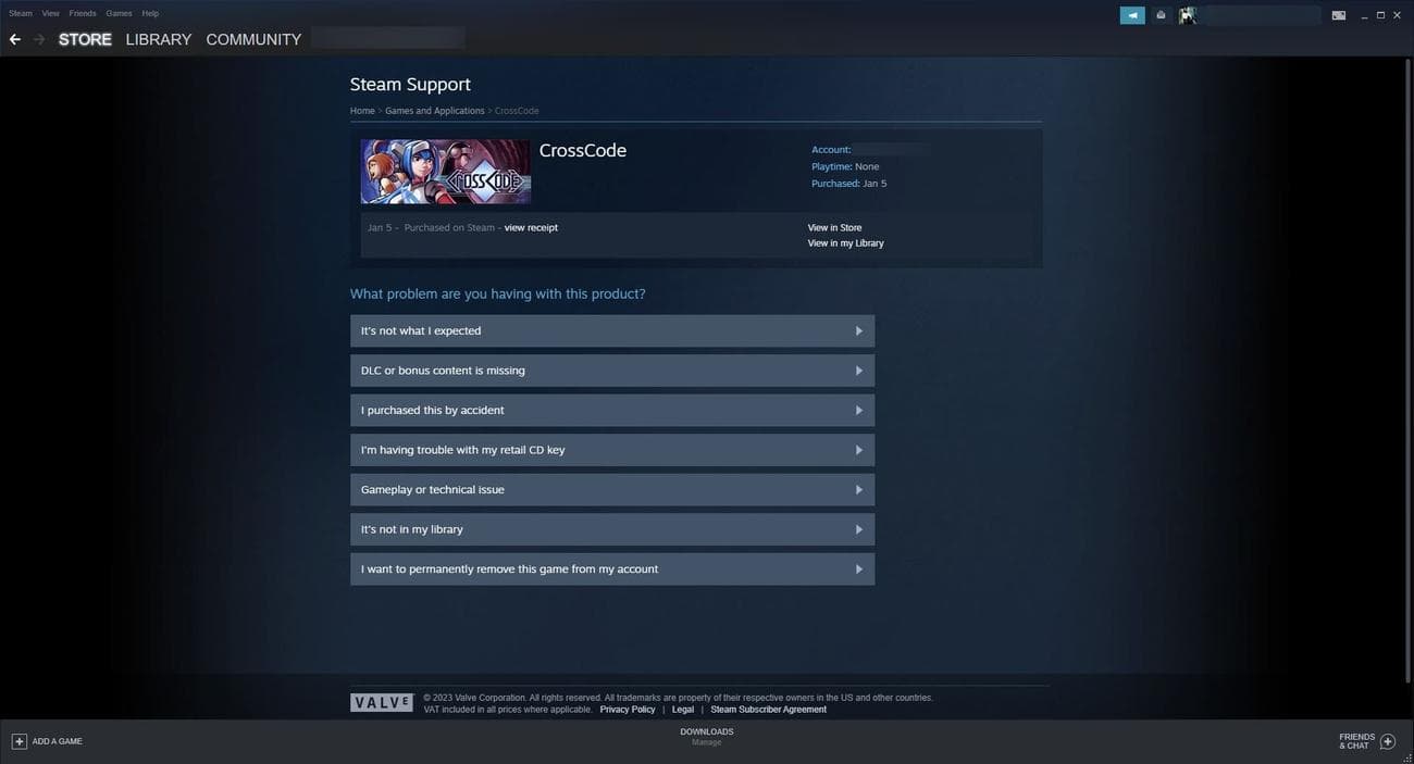 Στιγμιότυπο οθόνης της σελίδας βοήθειας Steam για ένα παιχνίδι (εφαρμογή Steam για επιτραπέζιους υπολογιστές)