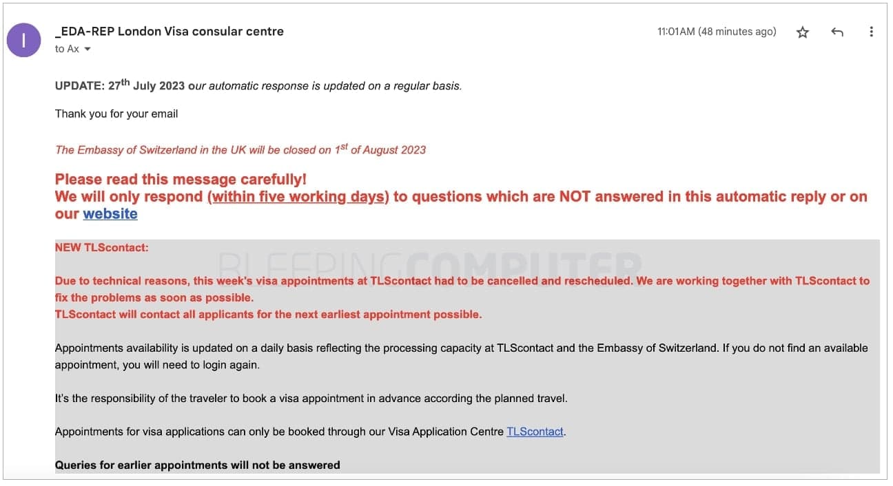 Αυτόματη απάντηση ελβετικής πρεσβείας