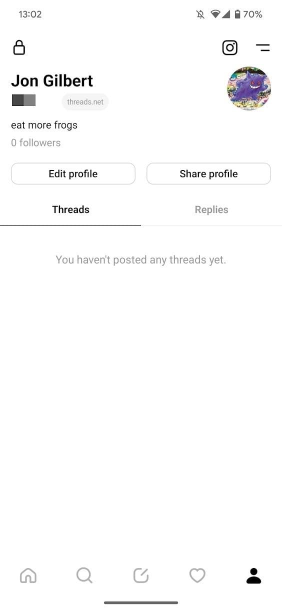 στιγμιότυπο οθόνης της σελίδας προφίλ νημάτων