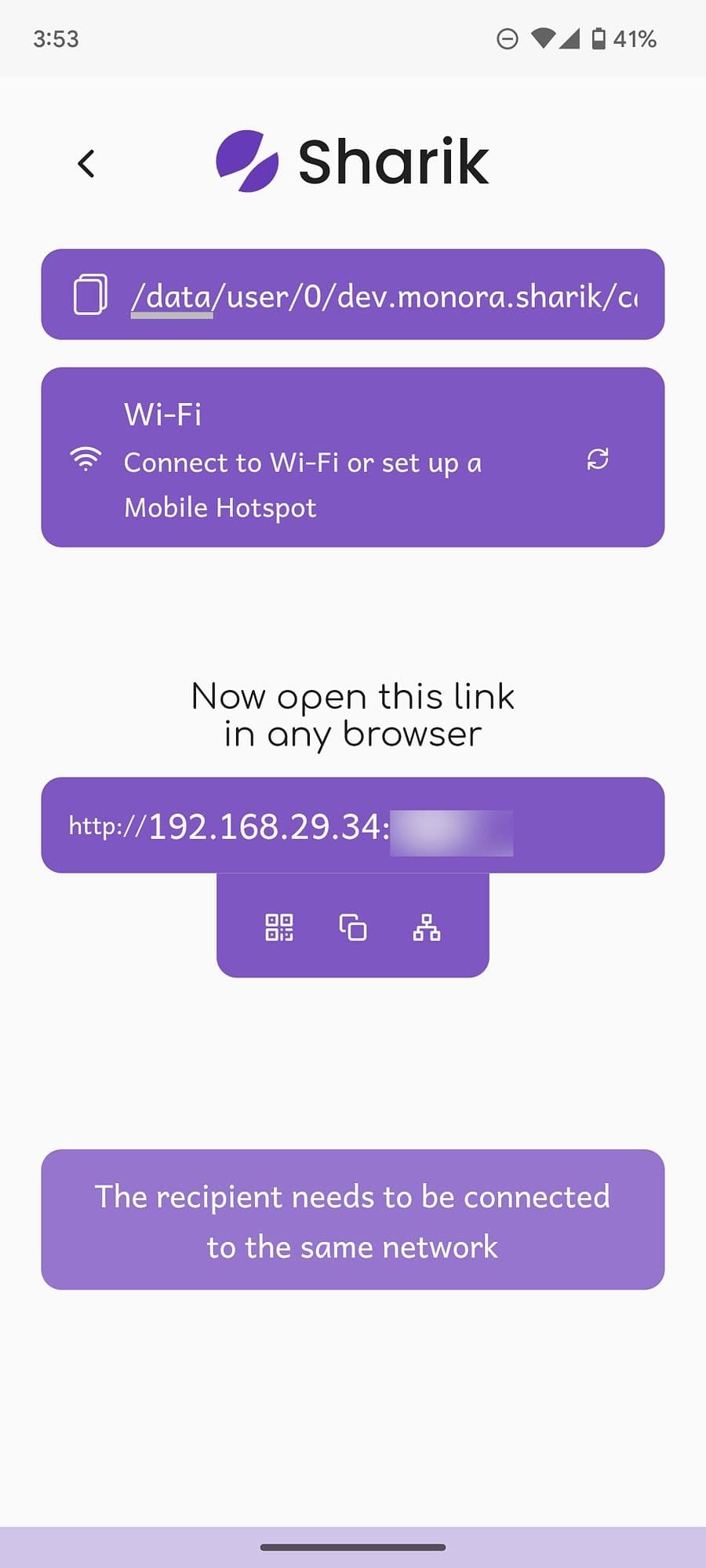 Screenshot of file transfer via Sharik 