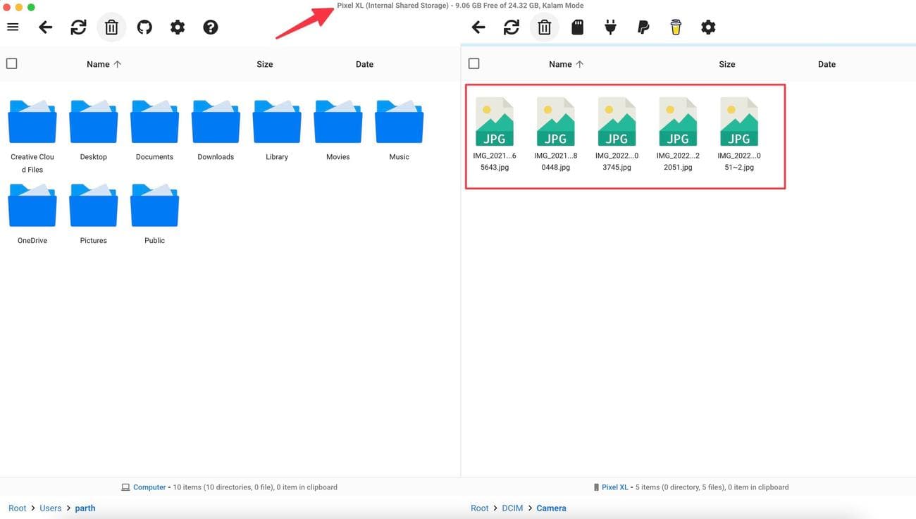 Screenshot of Transfer files via OpenMTP