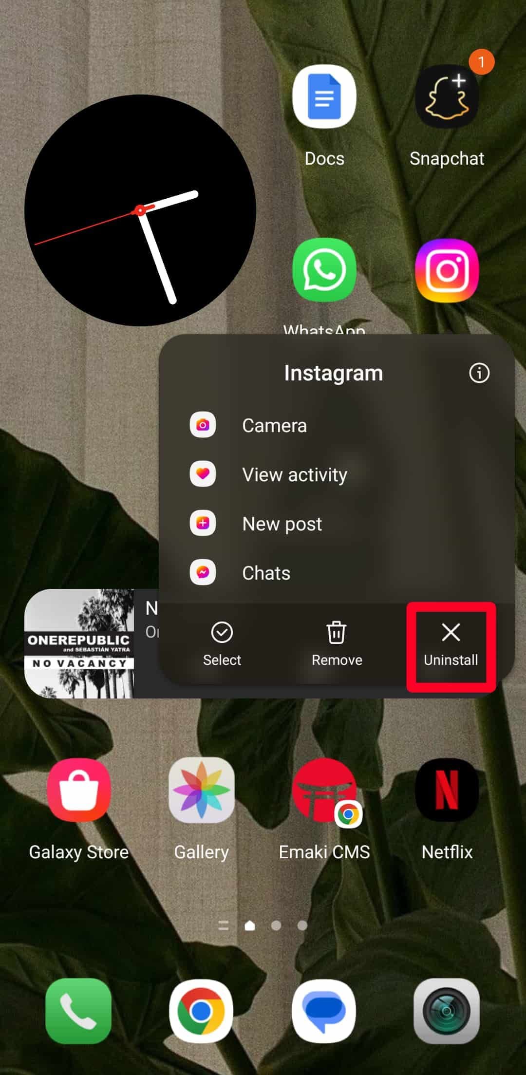 Uninstalling an app from Android home screen