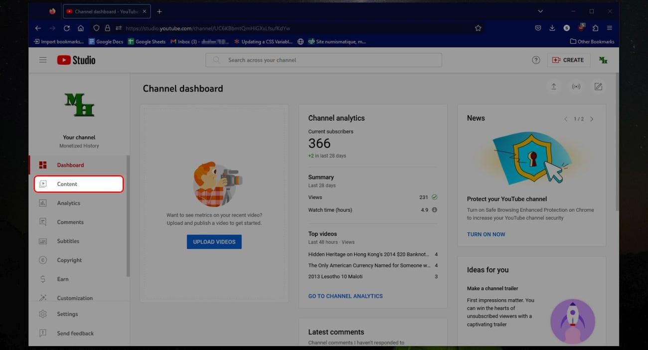 Η αρχική οθόνη του προγράμματος περιήγησης YouTube Studio επισημαίνει την επιλογή Περιεχόμενο