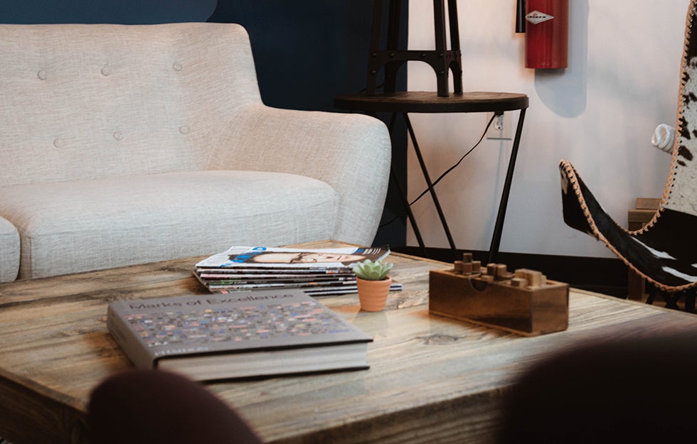 coffee table with a book on it