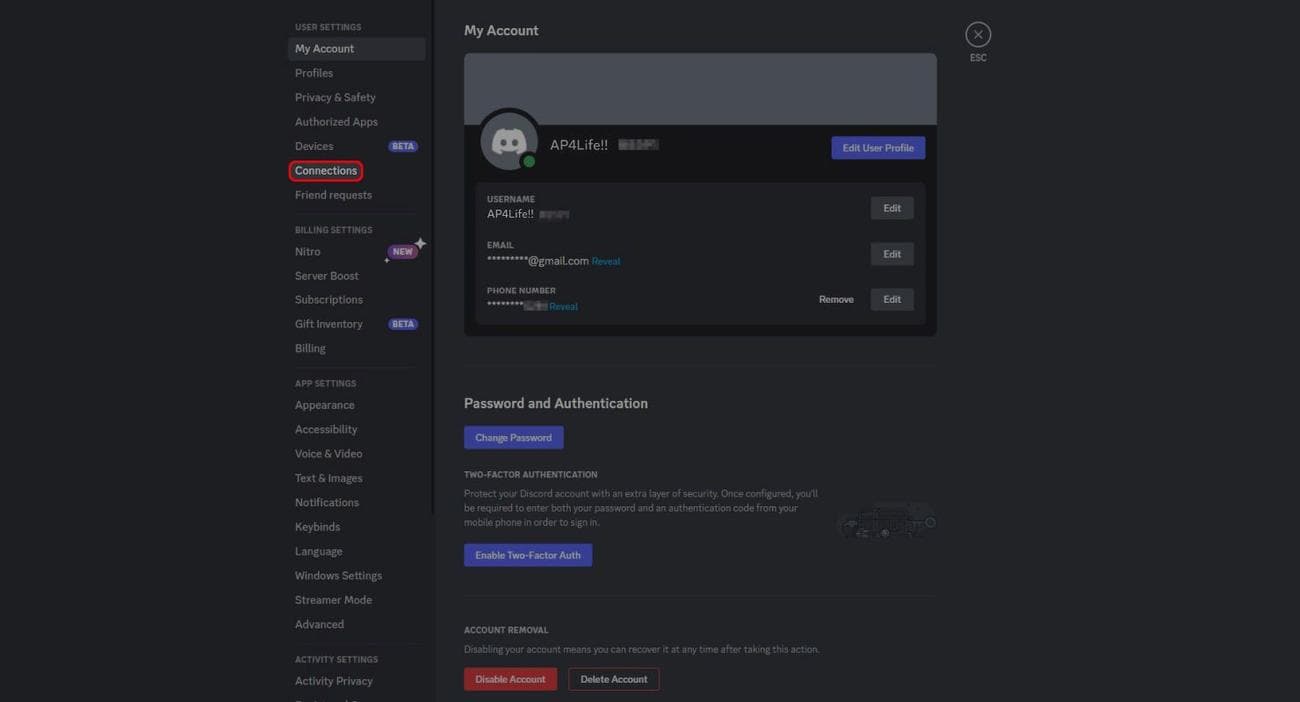 Το μενού ρυθμίσεων Discord επισημαίνει την επιλογή του μενού Συνδέσεις
