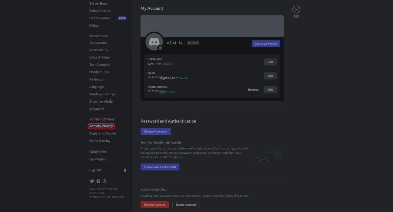 Το μενού ρυθμίσεων διαφωνίας επισημαίνει την επιλογή μενού Απόρρητο δραστηριότητας