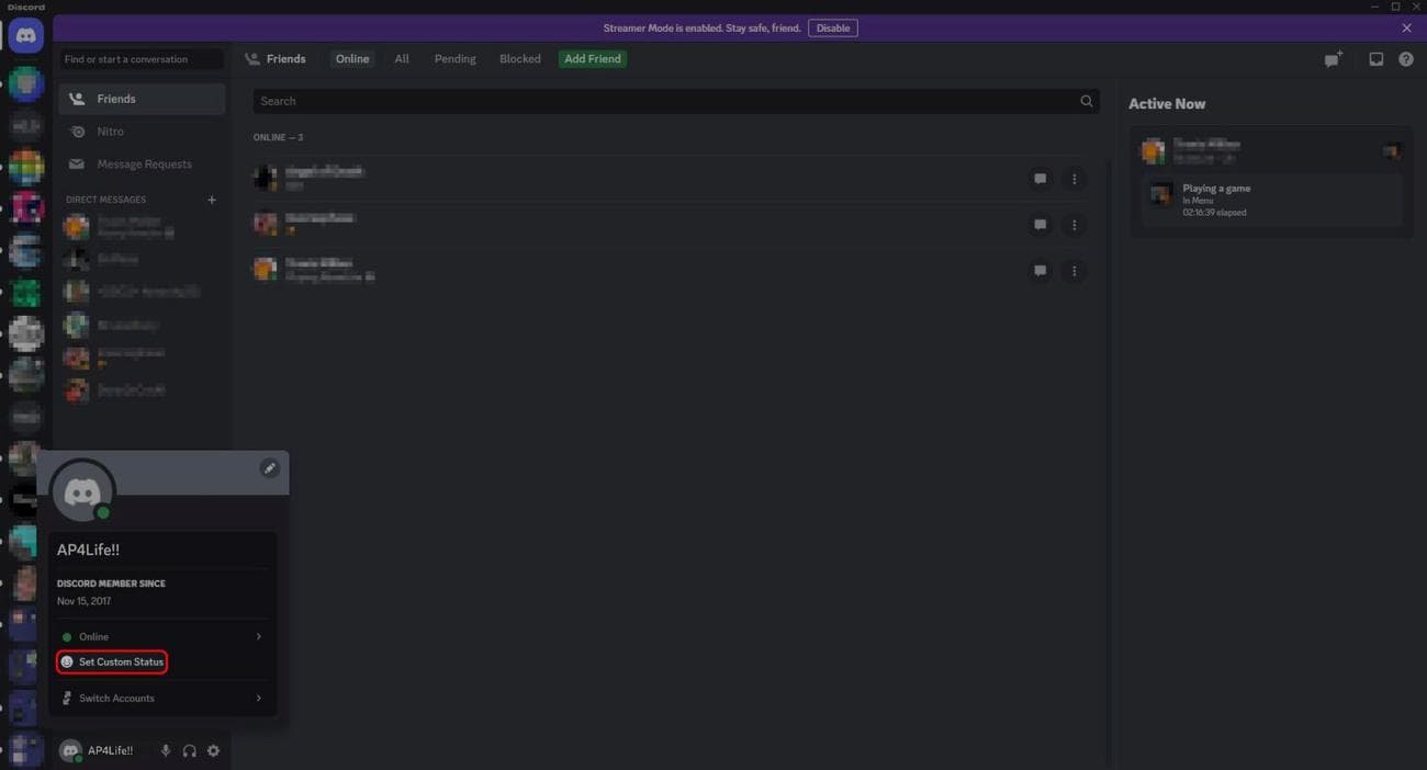 Διαφωνία μενού ονόματος χρήστη που επισημαίνει την επιλογή Ορισμός προσαρμοσμένης κατάστασης