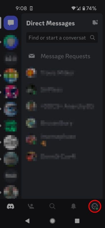 Discord αρχική οθόνη για κινητά που επισημαίνει το εικονίδιο προφίλ χρήστη