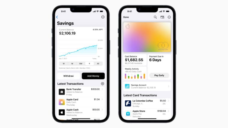 Two iPhones running Apple Cards dashboard with savings accounts