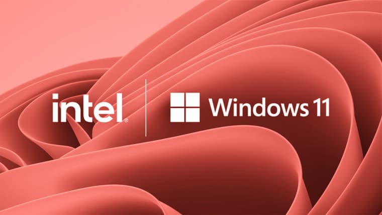 Intel and Windows 11 logos side by side in red