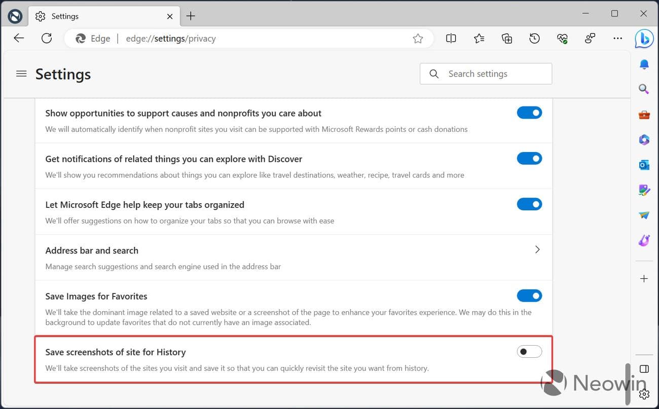 Ένα στιγμιότυπο οθόνης των ρυθμίσεων του Microsoft Edge
