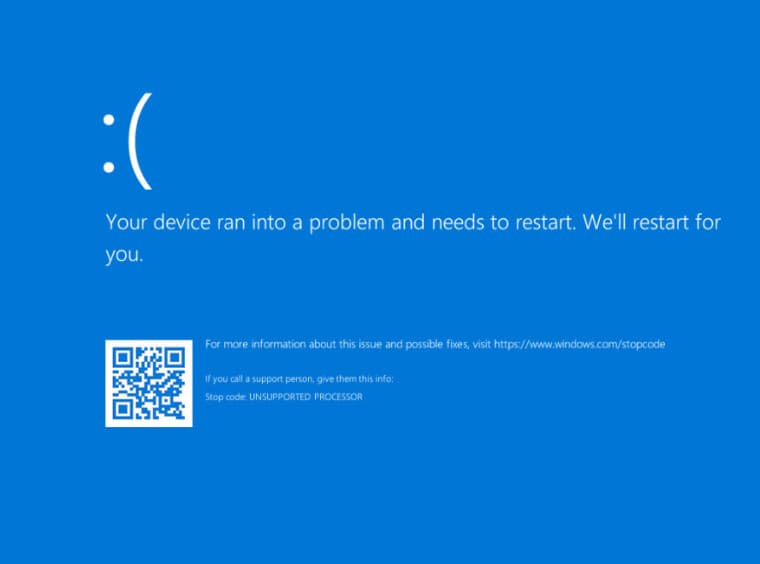 BSOD showing unsupported processor