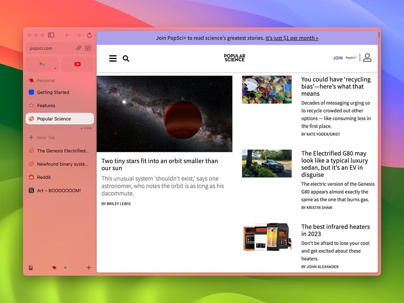 Ένα παράθυρο του προγράμματος περιήγησης Arc, που δείχνει τις καρτέλες στην αριστερή πλευρά της οθόνης.