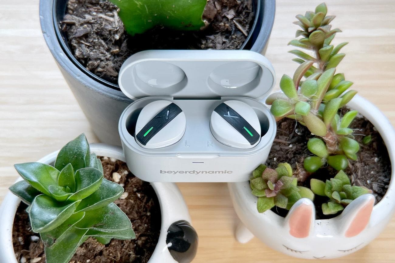 beyerdynamic Free BYRD true wireless earbuds from above nestled in plants