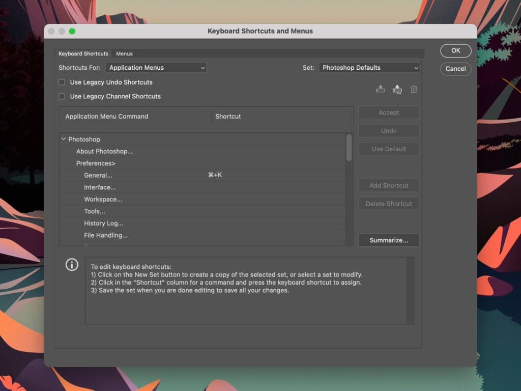 Το μενού συντομεύσεων στο Adobe Photoshop.