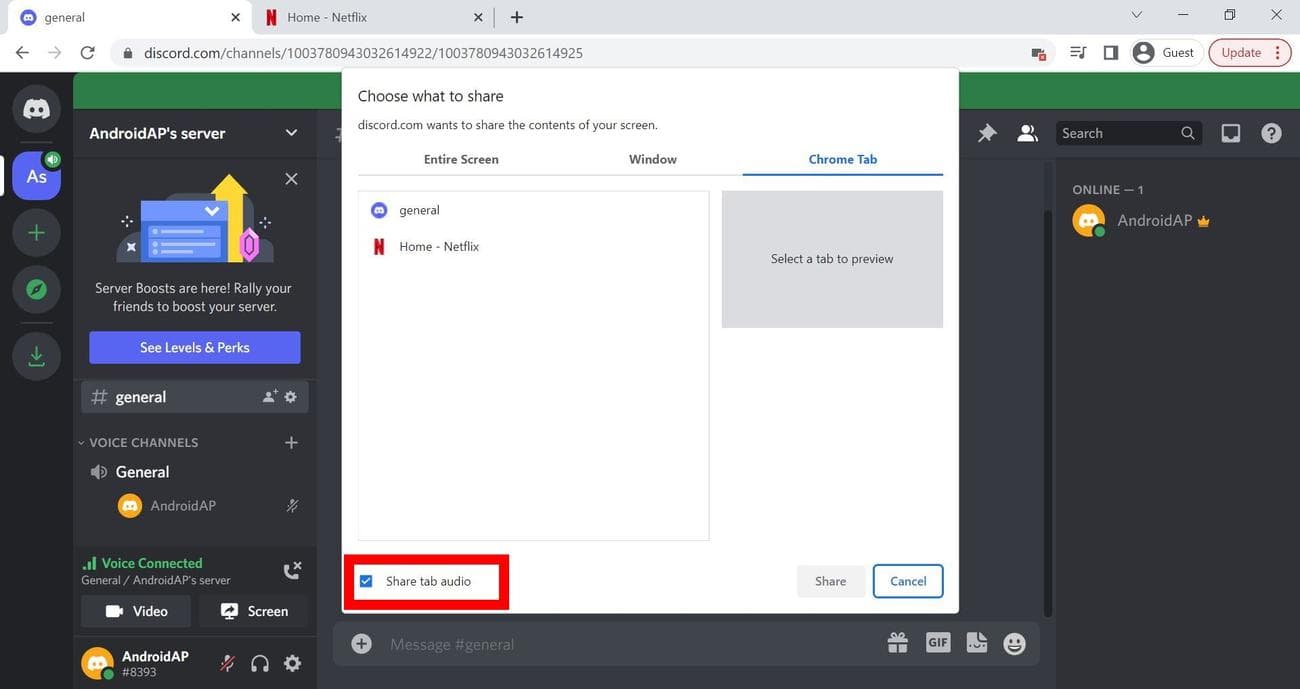 Το μενού κοινής χρήσης οθόνης στο Discord (επιφάνεια εργασίας)