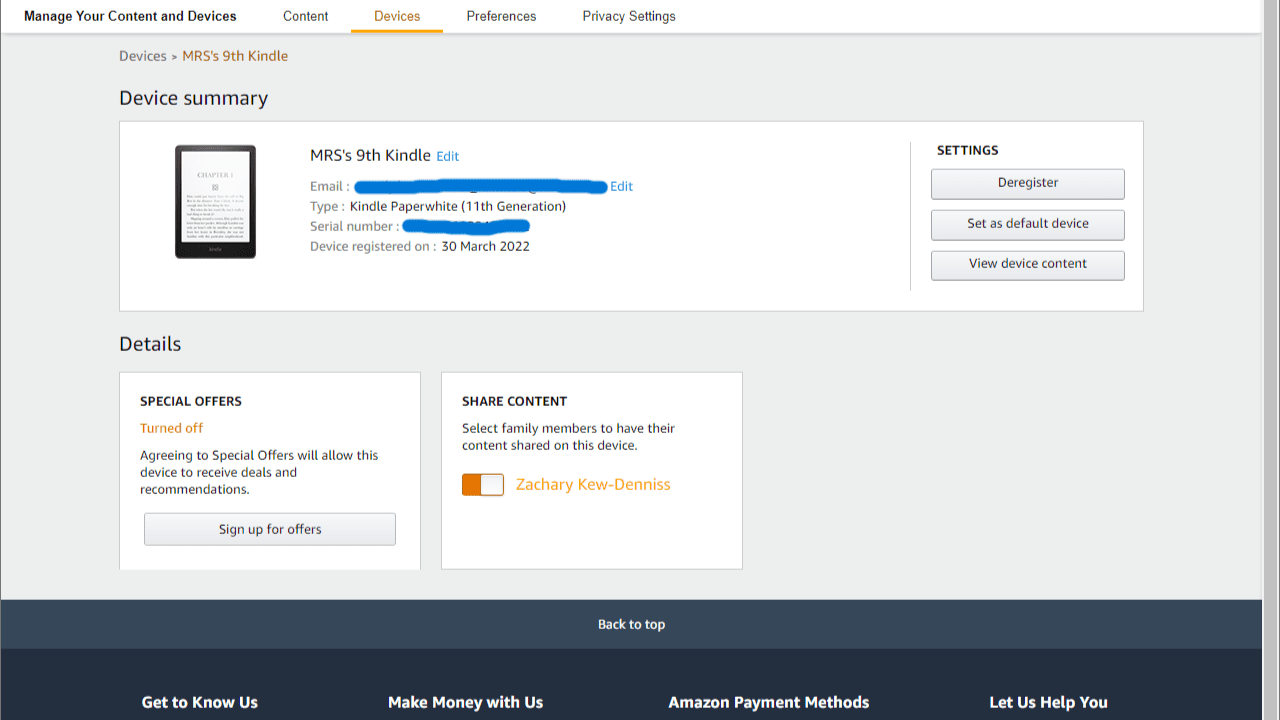 Το στιγμιότυπο οθόνης δείχνει τη σελίδα σύνοψης συσκευής για ένα Amazon Kindle στις ρυθμίσεις λογαριασμού amazon.