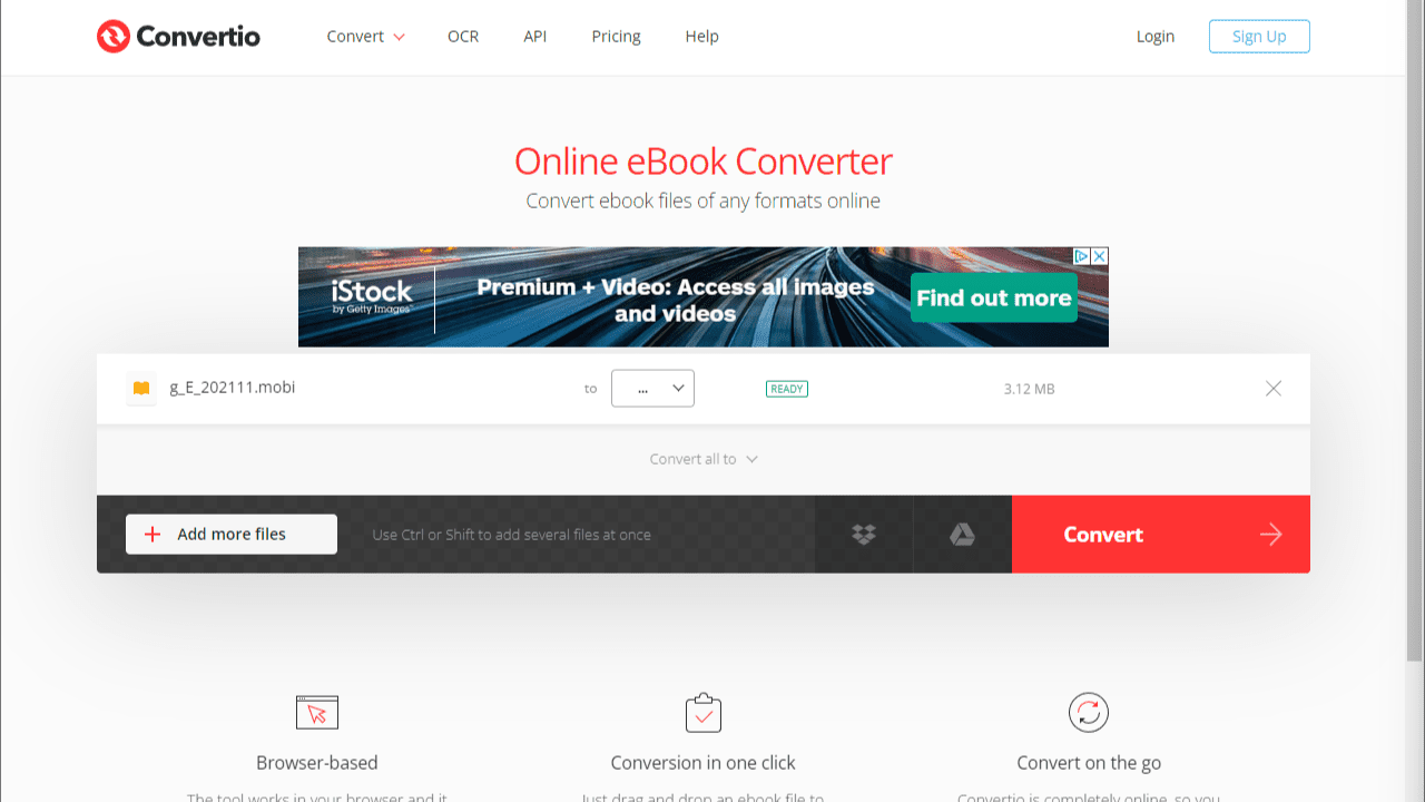 Το στιγμιότυπο οθόνης δείχνει το εργαλείο μετατροπής αρχείων του προγράμματος περιήγησης ιστού Convertio, με ένα αρχείο Mobi μεταφορτωμένο και έτοιμο για μετατροπή.