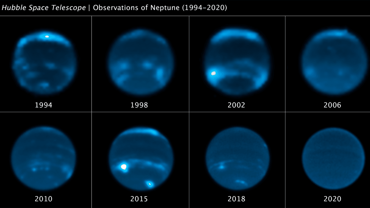 A sequence of Hubble Space Telescope images from 1994 to 2020 that chronicles the waxing and waning of the amount of cloud cover on Neptune. This long set of observations shows that the number of clouds grows increasingly following a peak in the solar cycle.