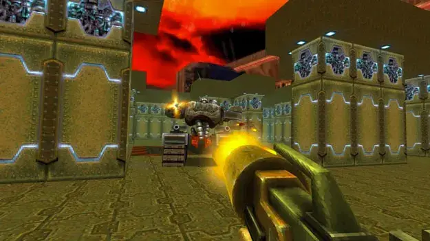 Στιγμιότυπο από το Quake II Remastered, στο οποίο ένα όπλο που κρατιέται από την οπτική γωνία του παίκτη είναι στραμμένο σε ένα πράγμα σε απόσταση.