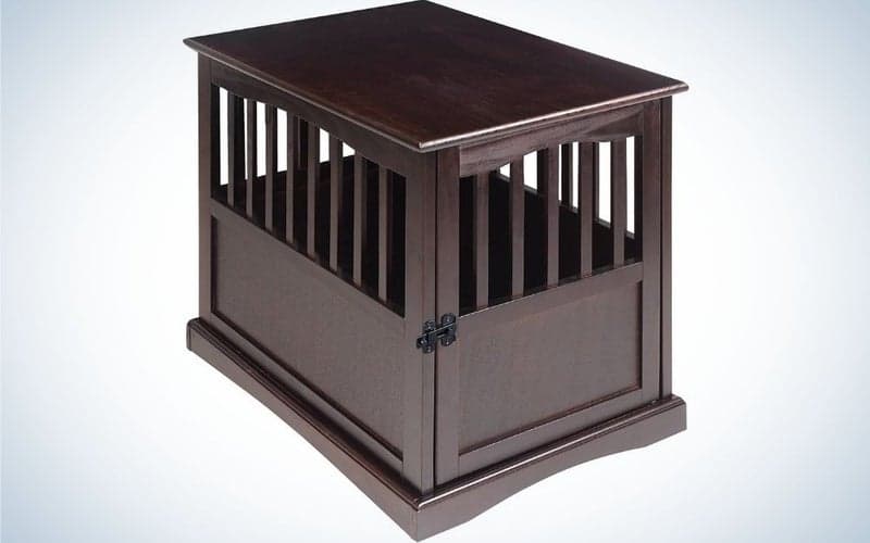 A dark brown dog house in a square form and all doors closed.