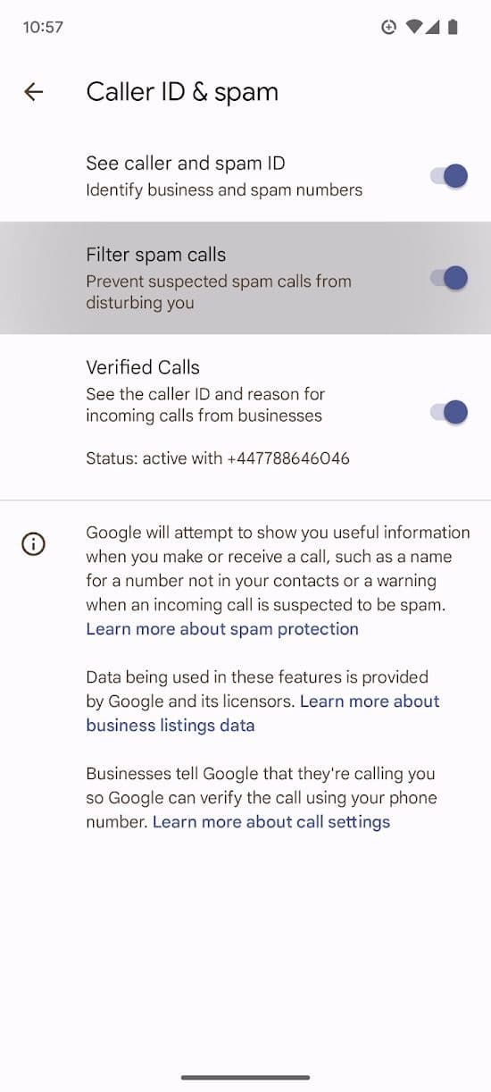 Στιγμιότυπο οθόνης της επιλογής Φιλτράρισμα ανεπιθύμητων κλήσεων στο Pixel 7