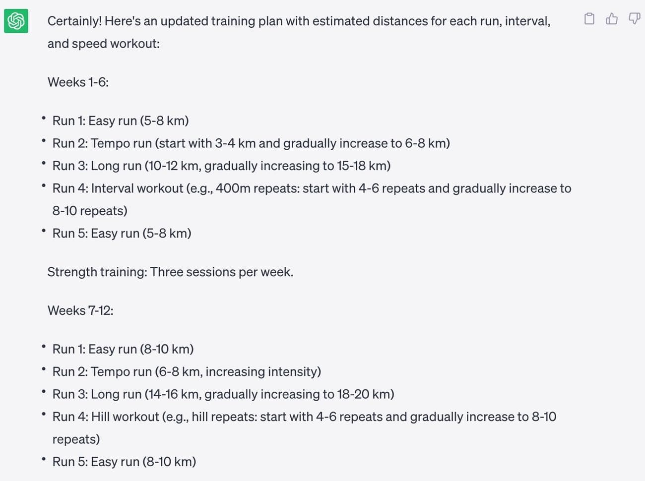 Μια ενημερωμένη απάντηση ChatGPT περιλαμβάνει τις λεπτομέρειες που χρειαζόμουν από το πρόγραμμα τρεξίματος/προπόνησης.
