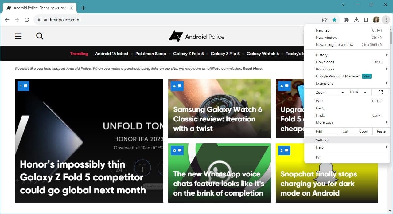 στιγμιότυπο οθόνης του προγράμματος περιήγησης ιστού chrome με ανοιχτό παράθυρο μενού