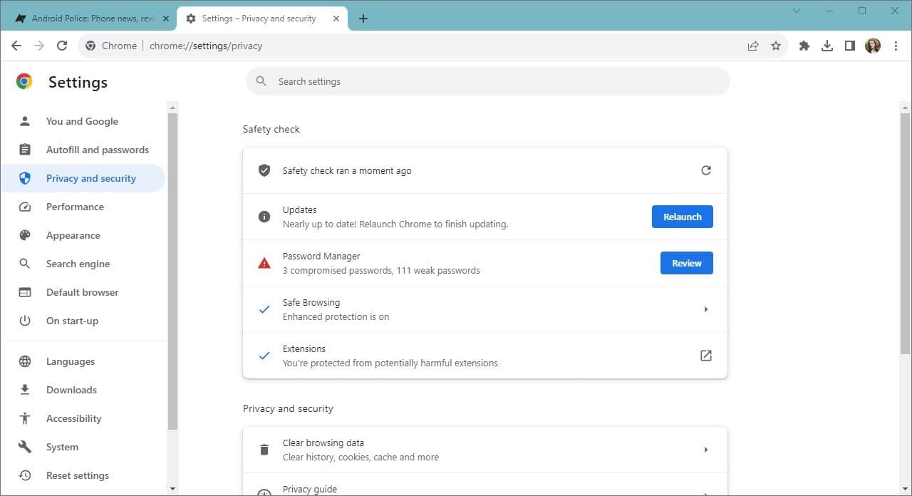στιγμιότυπο οθόνης του προγράμματος περιήγησης ιστού chrome με ανοιχτή την καρτέλα απόρρητο και ασφάλεια