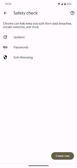 στιγμιότυπο οθόνης του μενού ελέγχου ασφαλείας της εφαρμογής Chrome android