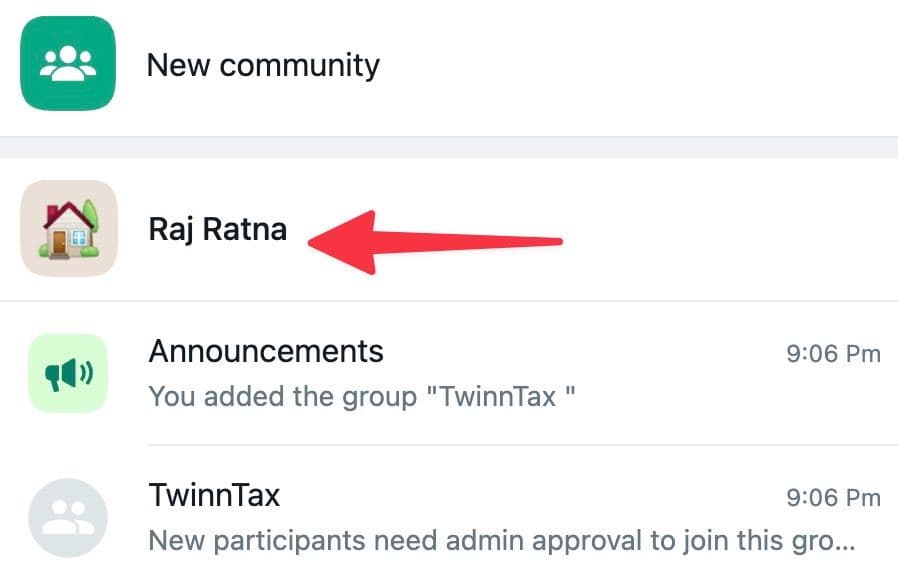 select WhatsApp community on desktop