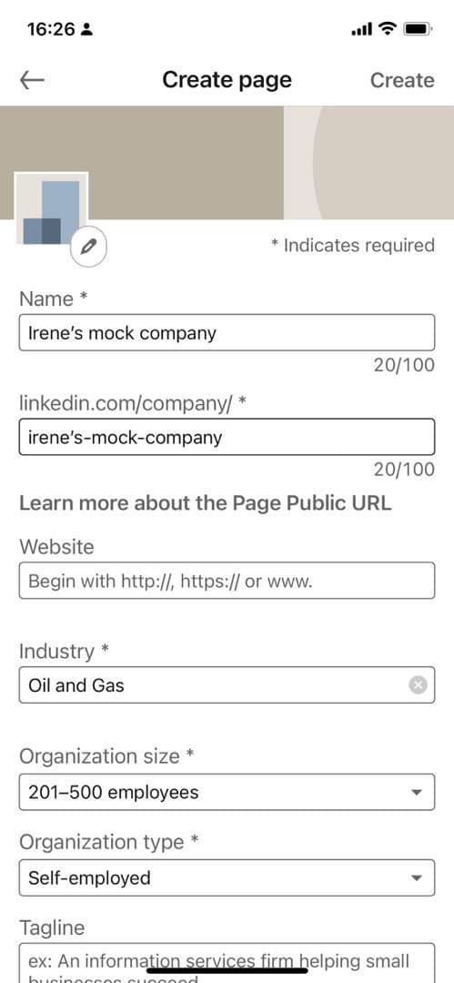 Συμπληρώστε τα στοιχεία της εταιρείας για να δημιουργήσετε μια εταιρική σελίδα στην εφαρμογή LinkedIn iOS