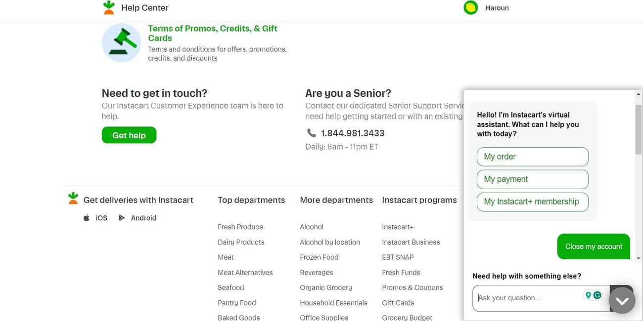 Ζωντανή συνομιλία Instacart